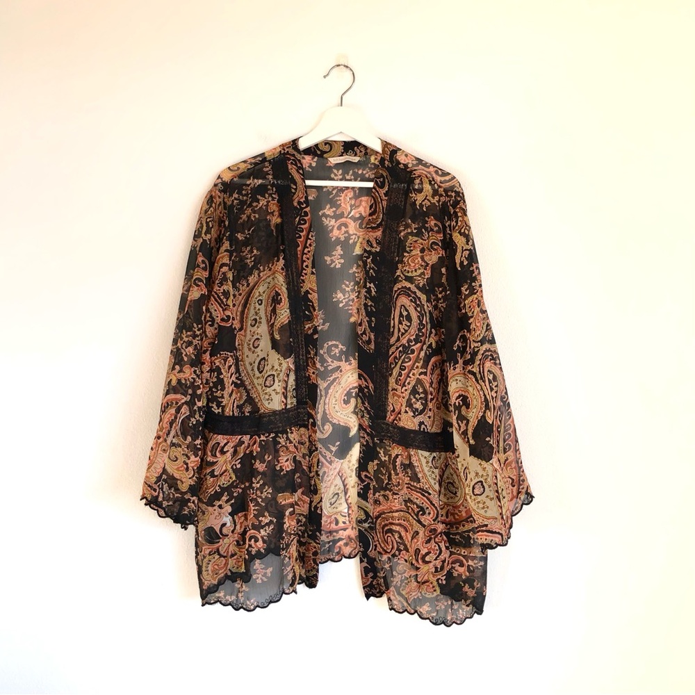 Soft Surroundings Black / Pink Floral Paisley Lace Semi-Sheer Kimono Top Size 3X